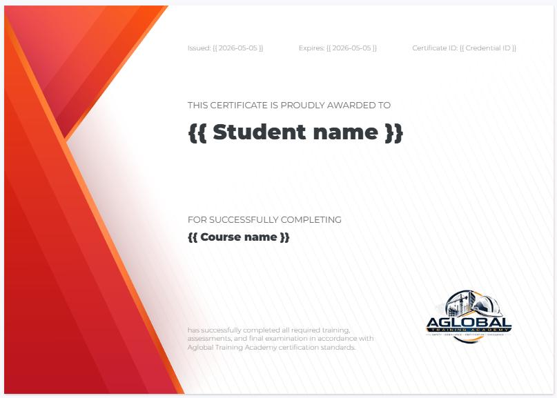 Aglobal Training Academy certificate sample